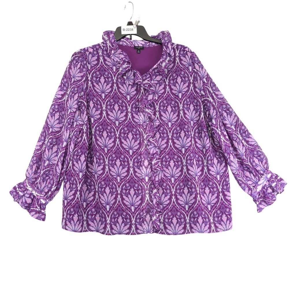 Talbots Purple Paisley Blouse Womens Plus Size 3X Ruffle Front Flared Cuffs Boho